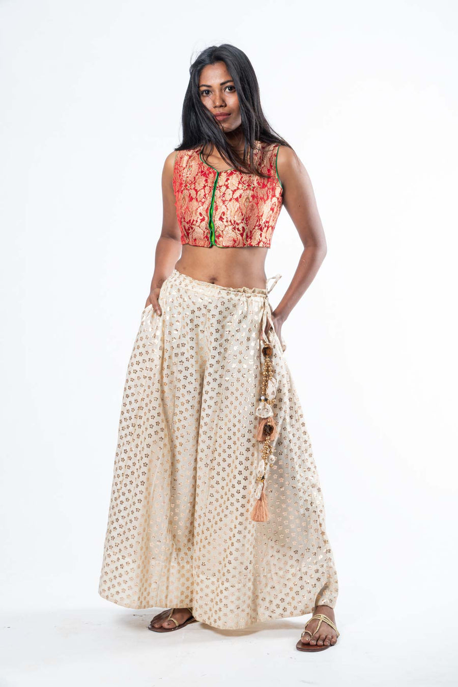 Pink georgette readymade suit with floral-theme zardozi embroidery crop top,  full-hand embroidery shrug & palazzo pants